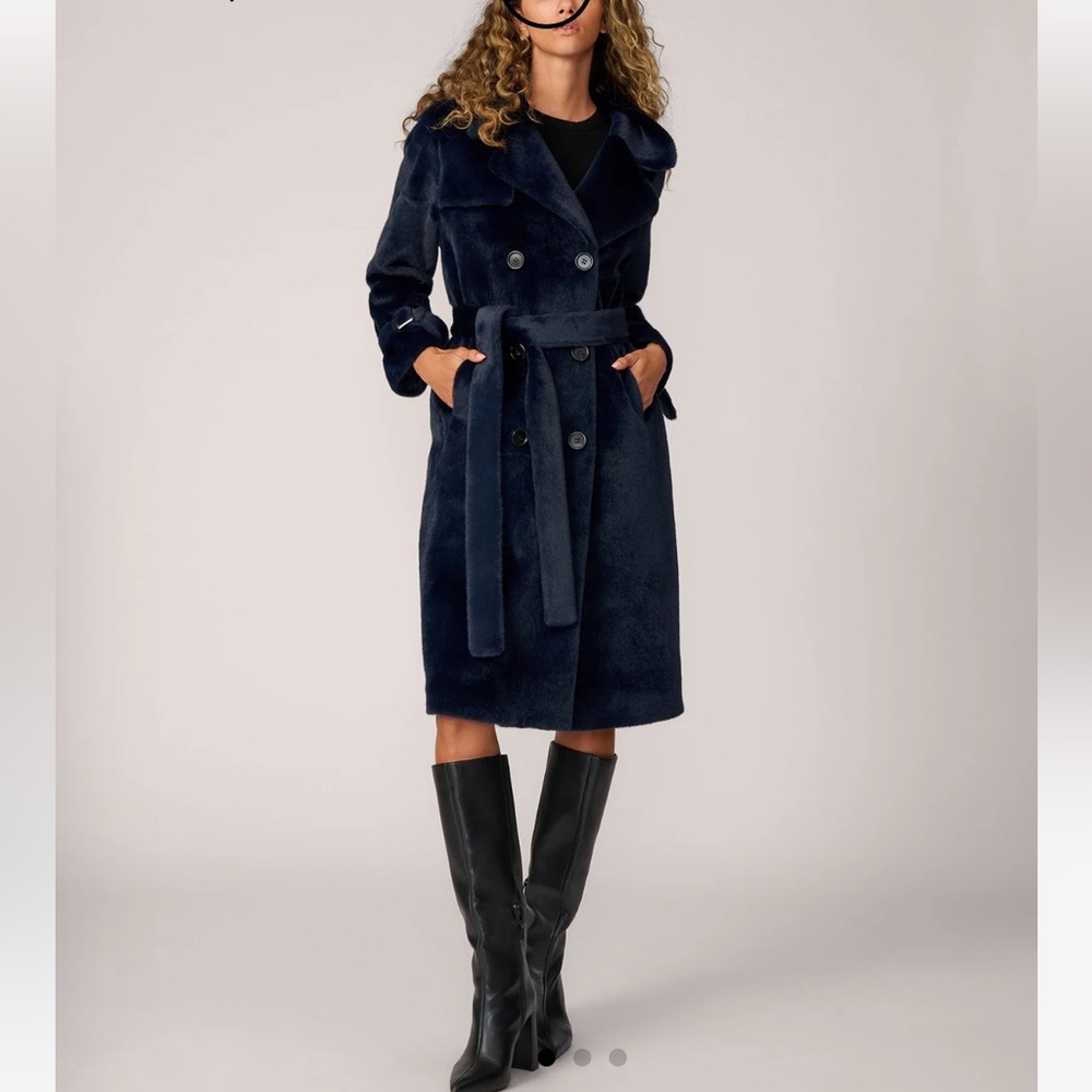 Adrienne Landau Sheared Mink Faux Fur Belted trench Coat Navy Blue M NEW $450